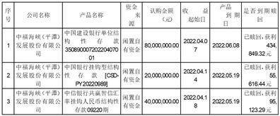 中福海峡(平潭)发展股份有限公司关于使用闲置自有资金购买理财产品的进展公告