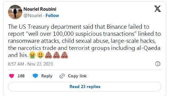 “末日博士”鲁比尼回应币安CEO下台：“终于滚蛋了<strong></p>
<p>币安币钱包</strong>！”