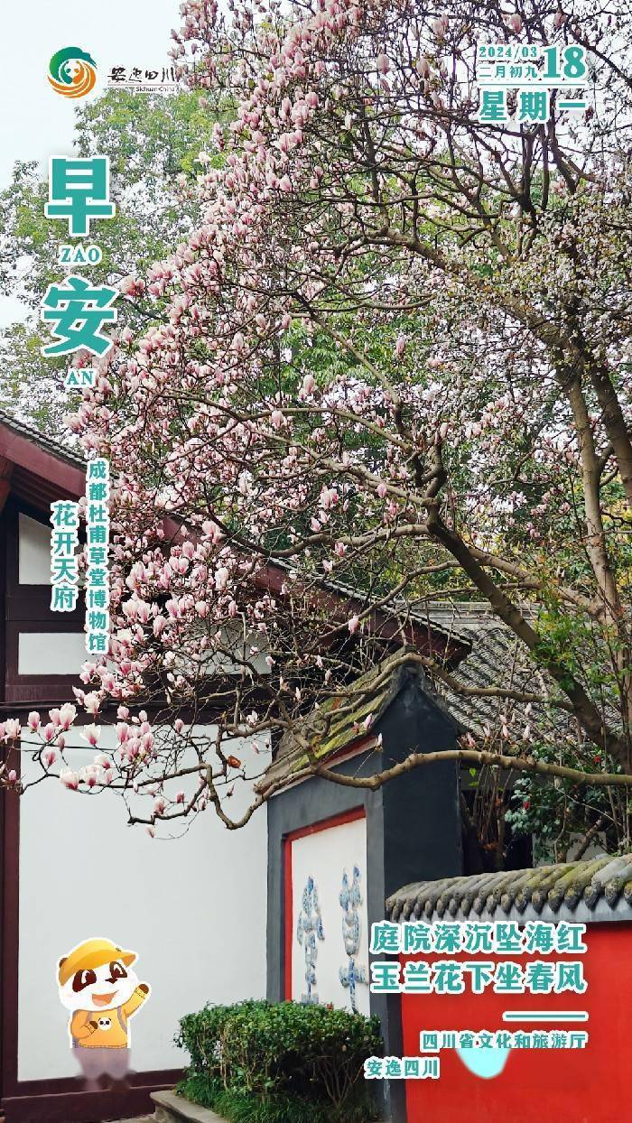 安逸四川日历海报｜庭院深沉坠海红，玉兰花下坐春风