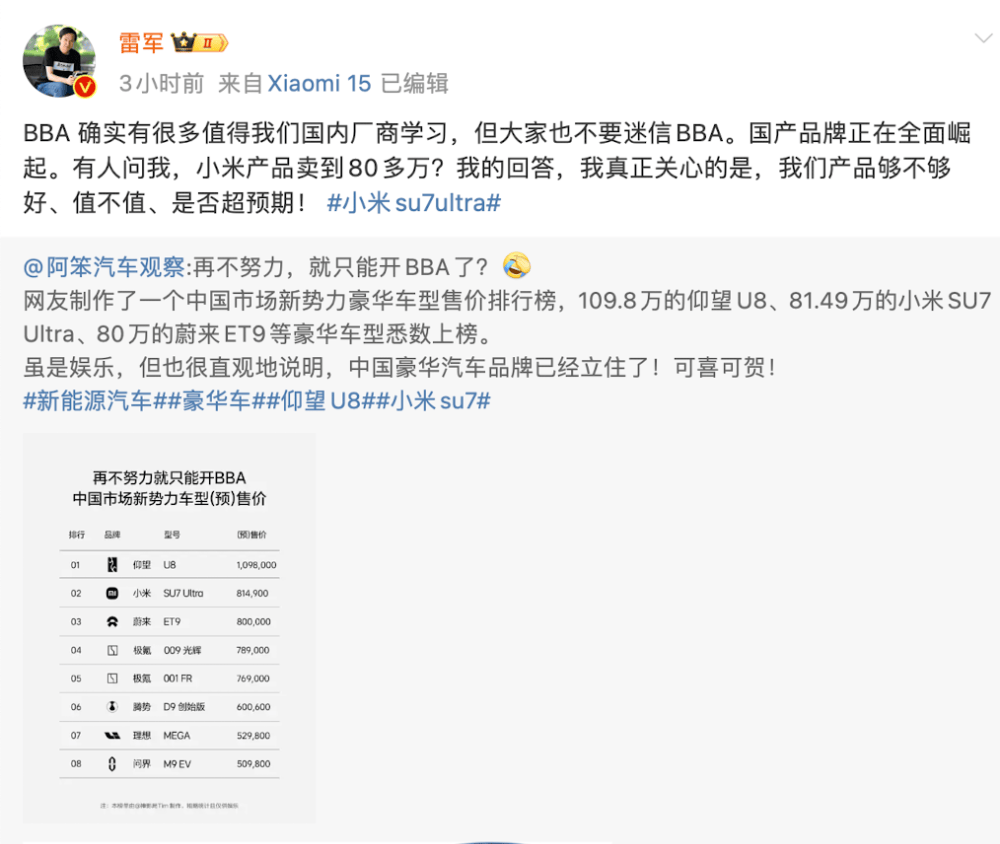 小米汽车卖到80多万<strong></p>
<p>搜币</strong>，网友称再不努力只能开BBA！雷军：不要迷信BBA