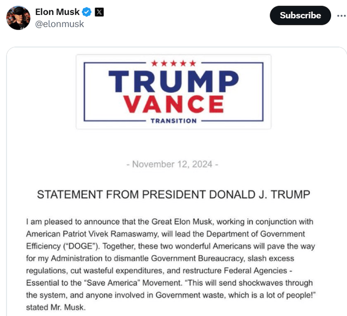 马斯克确认将领导“政府效率部”对抗官僚主义：<strong></p>
<p>币圈电报群</strong>你可不知道这将产生多大影响