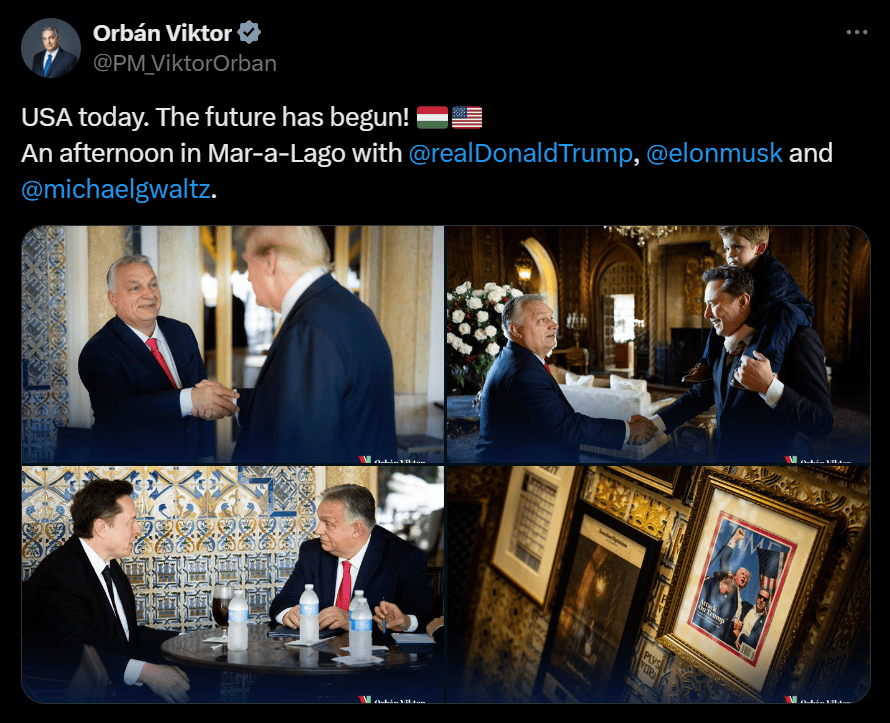 外媒:匈牙利总理欧尔班发帖<strong></p>
<p>坐以待币</strong>,称其在海湖庄园与特朗普、马斯克会面