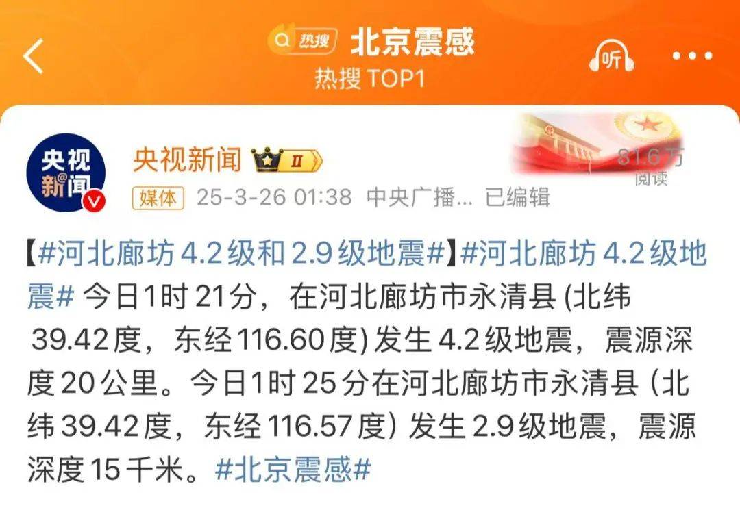 震醒了<strong></p>
<p>玫瑰币</strong>！“北京震感”热搜第一！河北廊坊凌晨2次地震