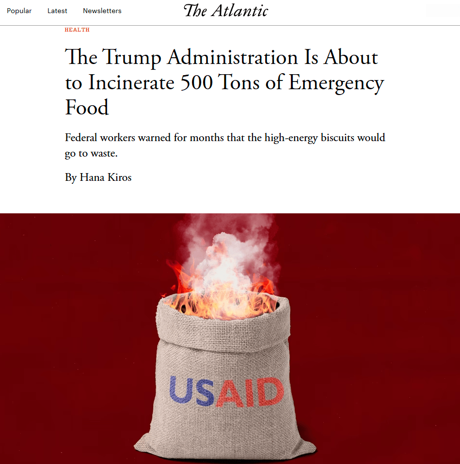 美媒:美国下令焚烧销毁500吨援助食品