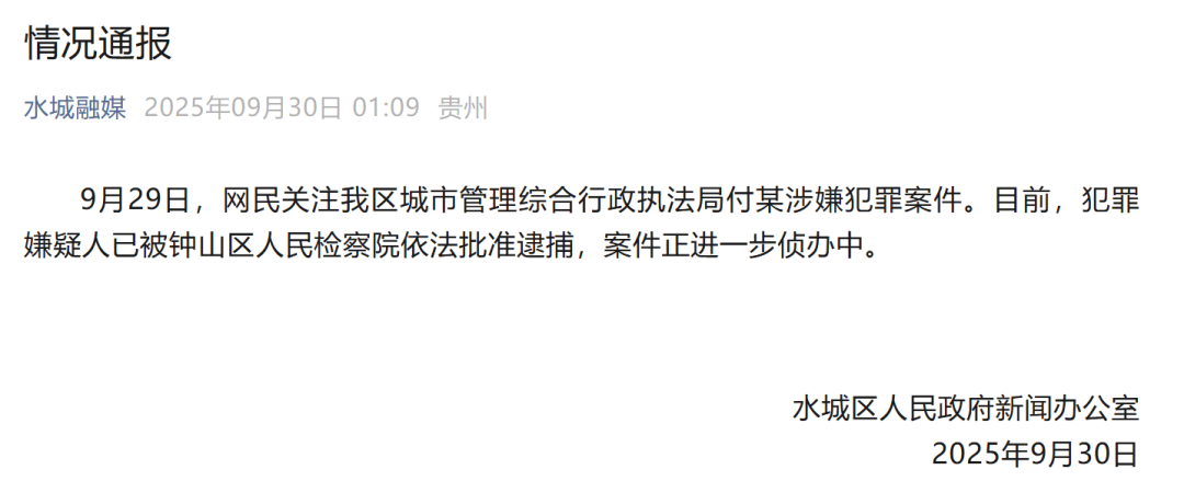 贵州六盘水凌晨通报：城管局付某涉嫌犯罪<strong></p>
<p>永旺币</strong>，已被批捕