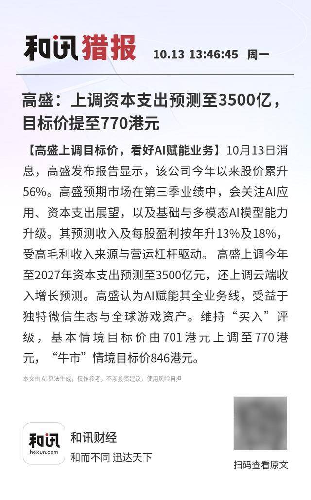 高盛:上调资本支出预测至3500亿<strong></p>
<p>吹牛币</strong>,目标价提至770港元