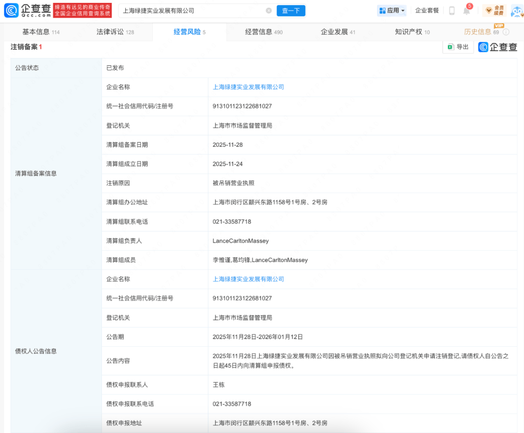 上海绿捷公司将注销；此前公司已被吊销证照、8名责任人被捕